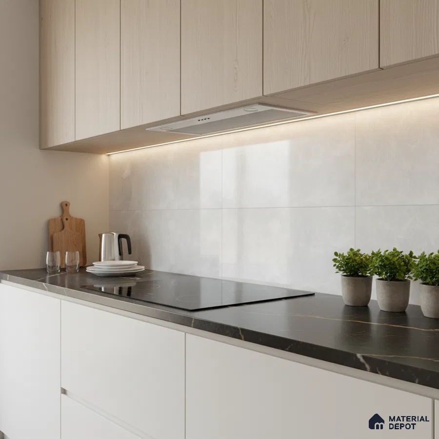 Minimalist kitchen with light wood laminate cabinets, white marble-look backsplash tile, and black marble countertop