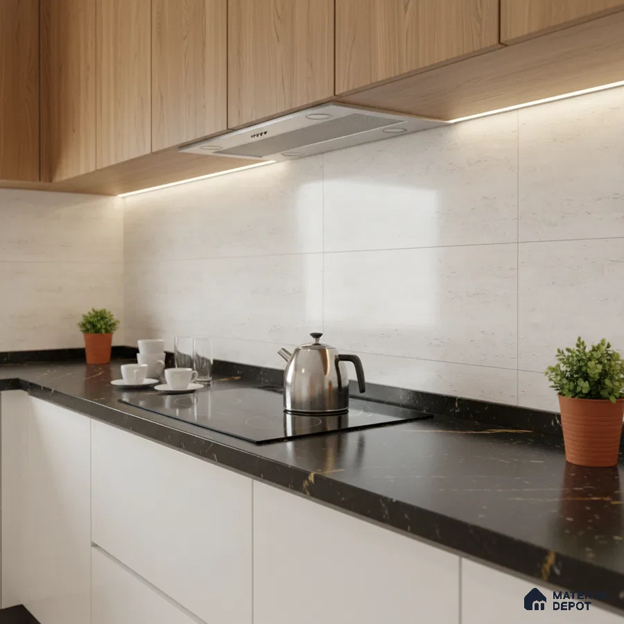 Modern kitchen with oak wood laminate cabinets, white base cabinets, and black marble countertop