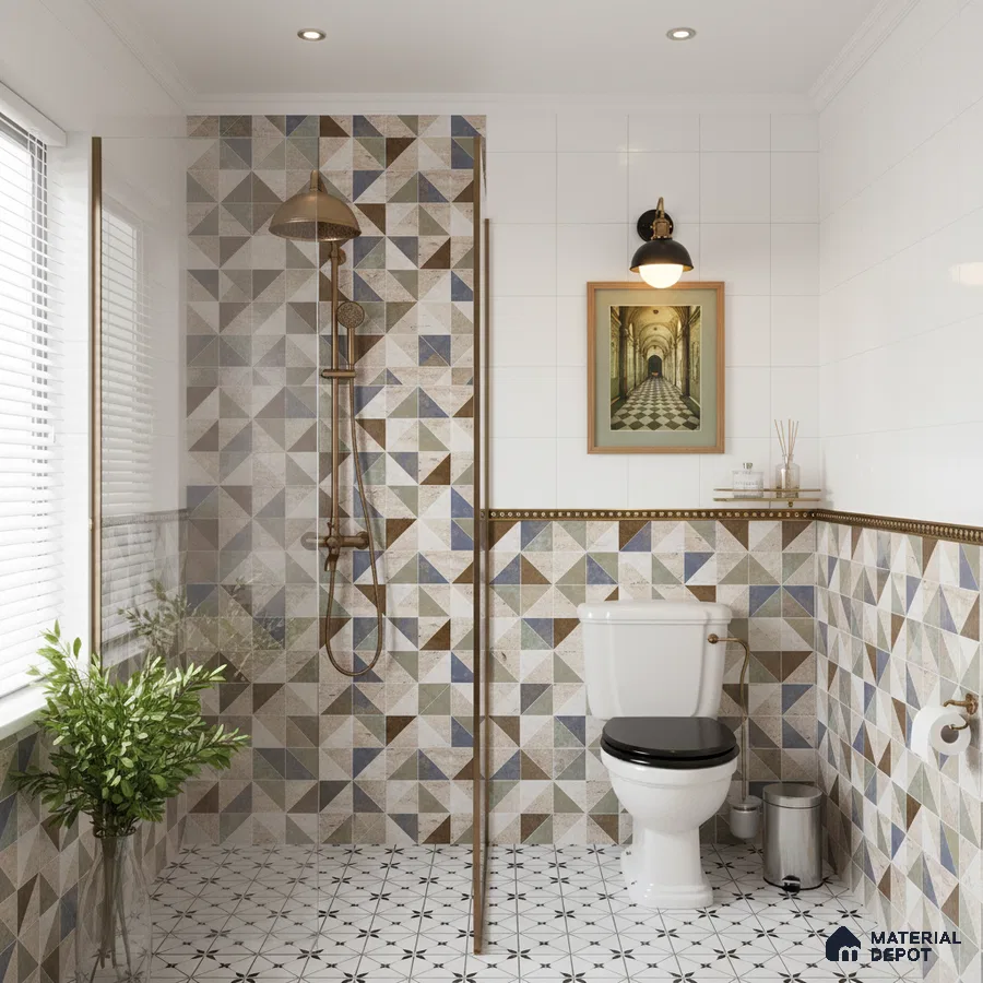 Modern kitchen with geometric patterned backsplash tile, white quartz countertop, and matte brown laminate cabinets