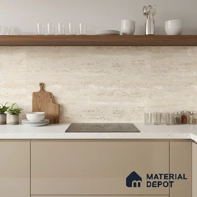 Minimalist kitchen with beige matte laminate cabinets, travertine look wall tiles, and white quartz countertop