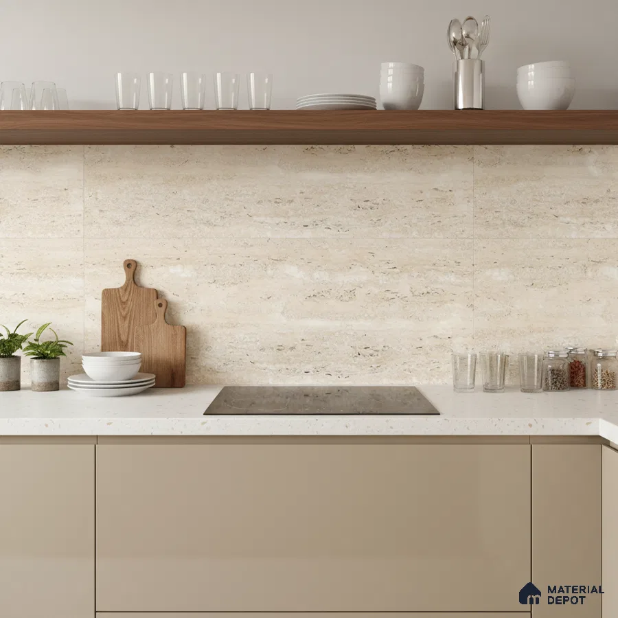 Minimalist kitchen with beige matte laminate cabinets, travertine look wall tiles, and white quartz countertop