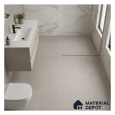 Minimalist bathroom with marble-look wall tiles and beige textured floor tiles