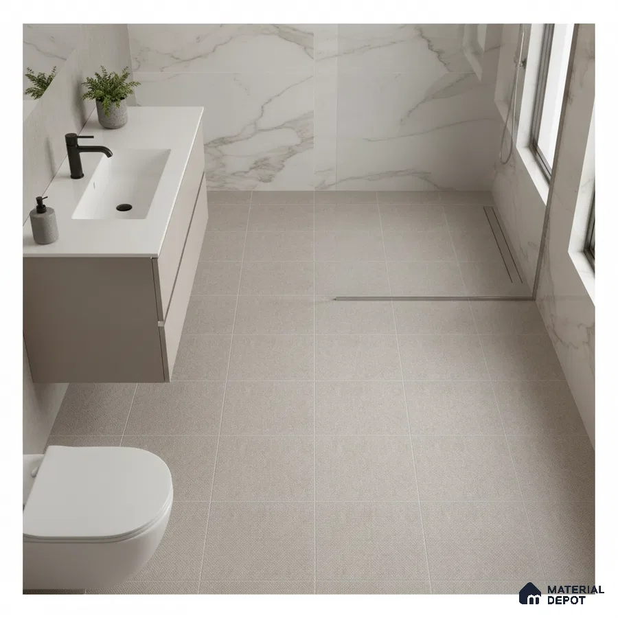 Minimalist bathroom with marble-look wall tiles and beige textured floor tiles