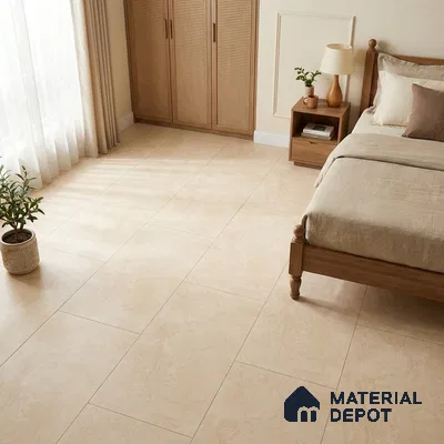 Modern Bedroom with Cream Travertine-Look Floor Tile