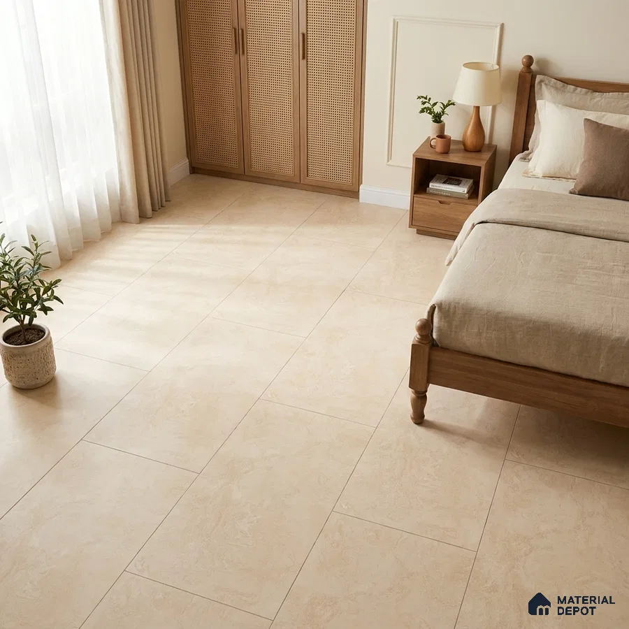 Modern Bedroom with Cream Travertine-Look Floor Tile