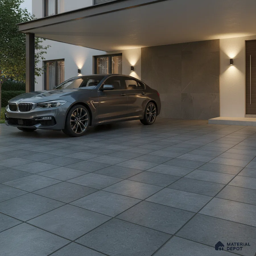 Modern parking with grey stone-look floor tiles and textured stone wall cladding