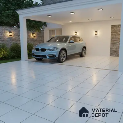 Modern parking with light grey matte floor tiles and stone cladding accent walls