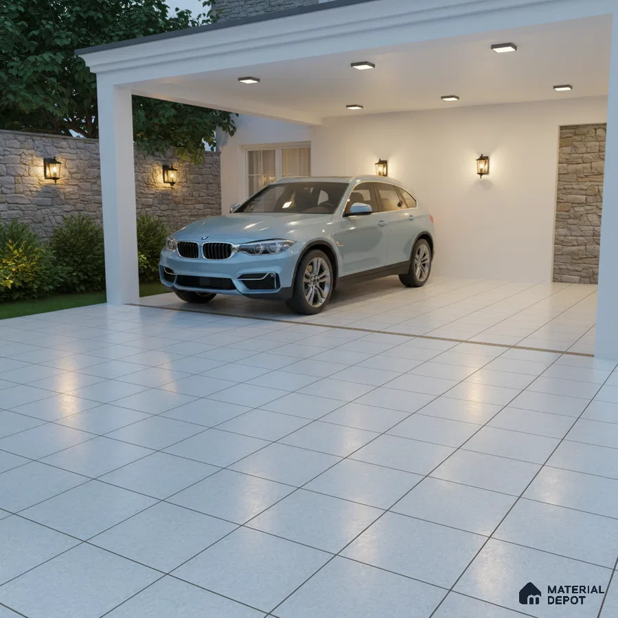 Modern parking with light grey matte floor tiles and stone cladding accent walls