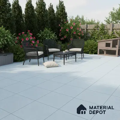 Modern outdoor patio with light grey floor tiles and black wicker furniture