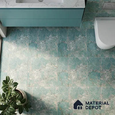 Modern bathroom with aqua marble-look floor tiles and pastel blue vanity