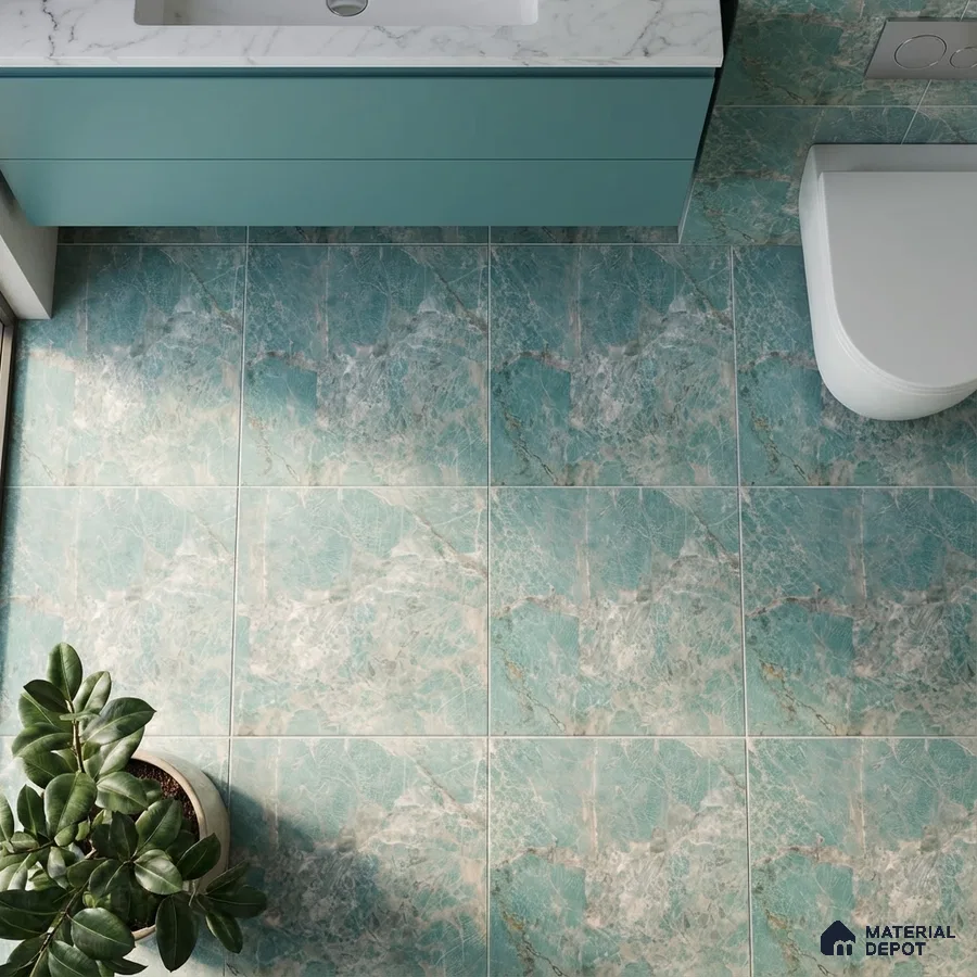 Modern bathroom with aqua marble-look floor tiles and pastel blue vanity