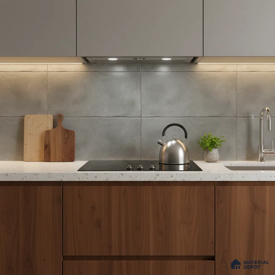 Modern kitchen with walnut wood laminate, terrazzo countertop, and large grey stone backsplash tiles