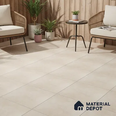 Scandinavian outdoor seating with beige floor tiles and natural wood cladding