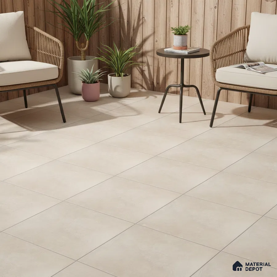 Scandinavian outdoor seating with beige floor tiles and natural wood cladding