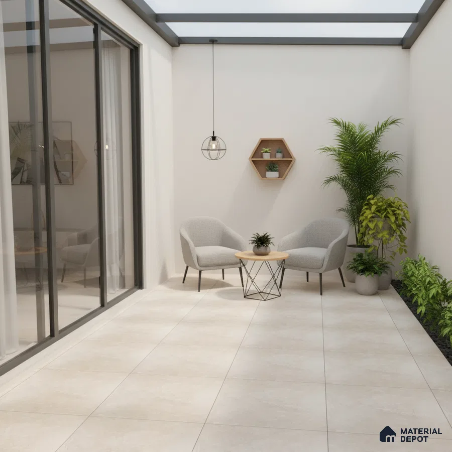 Minimalist balcony with beige floor tiles, light grey fabric chairs, and indoor plants