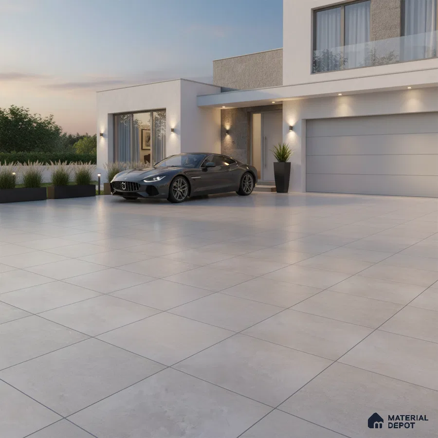 Modern parking with large format light grey matte floor tiles and minimal exterior cladding