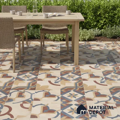 Mediterranean outdoor space with multicolor geometric moroccan patterned floor tiles and natural wood dining set