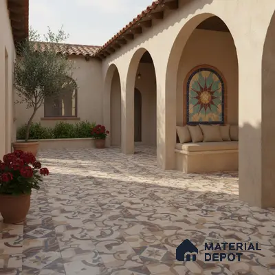 Mediterranean outdoor courtyard with patterned terracotta floor tiles and stucco arches