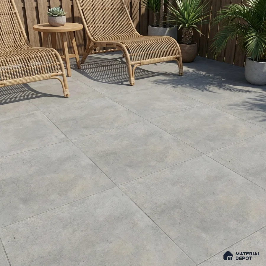 Scandinavian outdoor patio with grey cement-look floor tiles and natural rattan lounge chairs