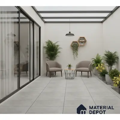 Minimalist balcony with light grey cement floor tiles and modern planters