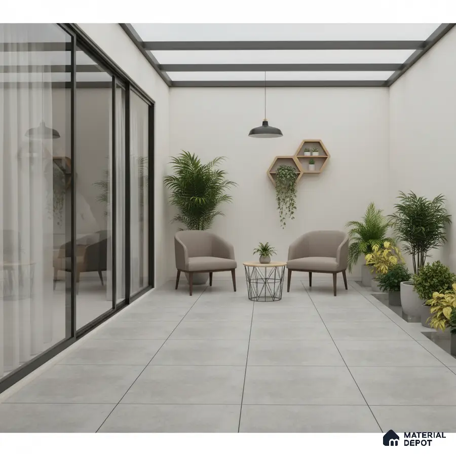 Minimalist balcony with light grey cement floor tiles and modern planters