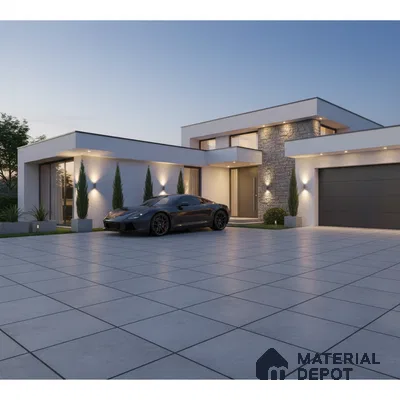 Modern parking with large grey outdoor floor tiles and stone cladding accent wall
