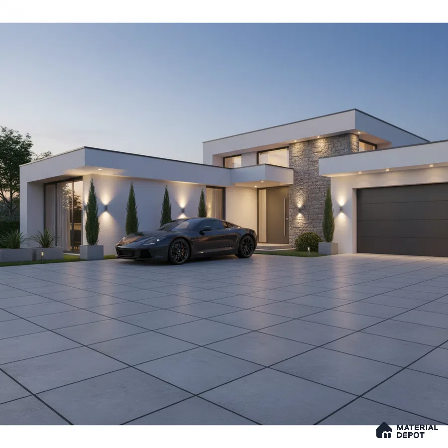 Modern parking with large grey outdoor floor tiles and stone cladding accent wall