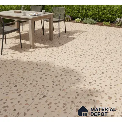 Modern outdoor patio with beige terrazzo floor tiles and natural wood dining set
