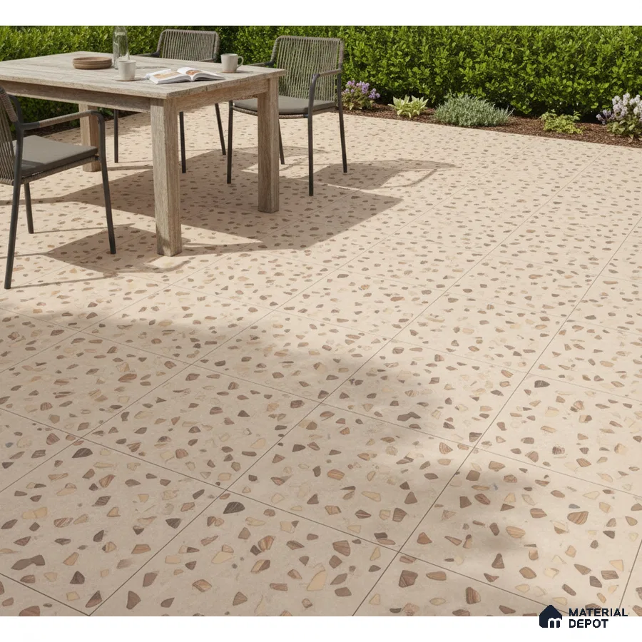 Modern outdoor patio with beige terrazzo floor tiles and natural wood dining set