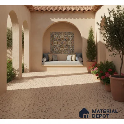Mediterranean outdoor patio with terrazzo floor tiles and decorative patterned tile wall accent