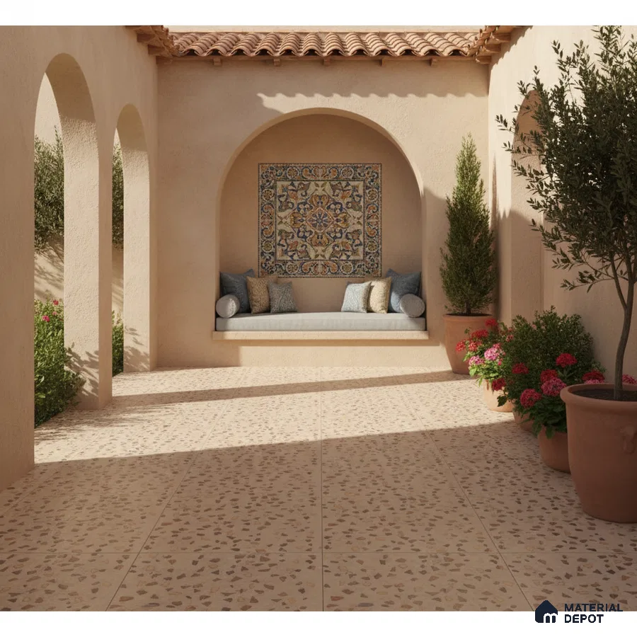 Mediterranean outdoor patio with terrazzo floor tiles and decorative patterned tile wall accent