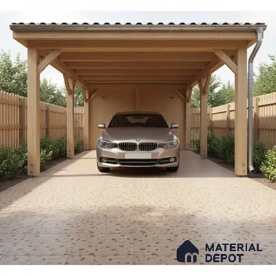 Modern parking with beige terrazzo floor tiles and natural wood structure