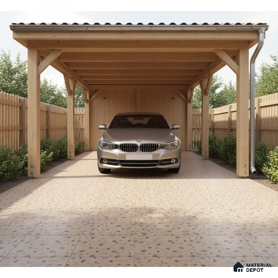 Modern parking with beige terrazzo floor tiles and natural wood structure
