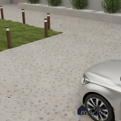 Modern parking area with terrazzo floor tiles and stone chip pattern