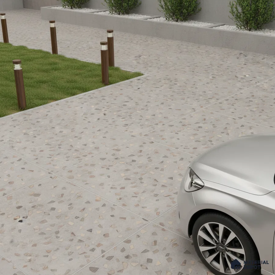 Modern parking area with terrazzo floor tiles and stone chip pattern