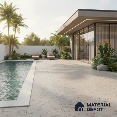 Modern outdoor poolside with terrazzo floor tiles and glass facade