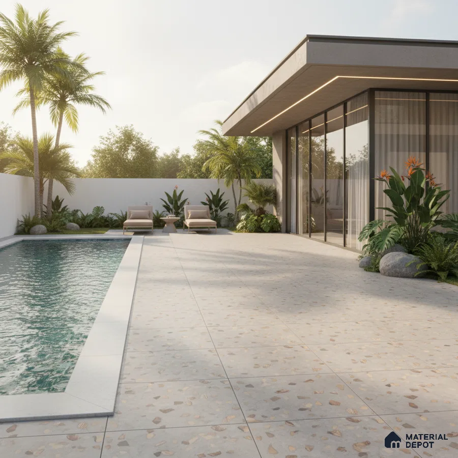 Modern outdoor poolside with terrazzo floor tiles and glass facade