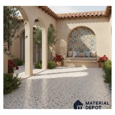 Mediterranean outdoor courtyard with terrazzo floor tiles and colorful moroccan patterned wall tiles