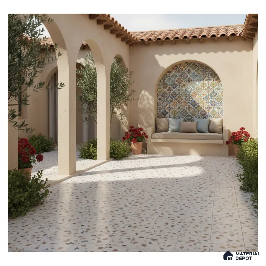 Mediterranean outdoor courtyard with terrazzo floor tiles and colorful moroccan patterned wall tiles