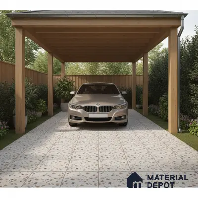 Modern parking with terrazzo floor tiles and wooden pergola structure