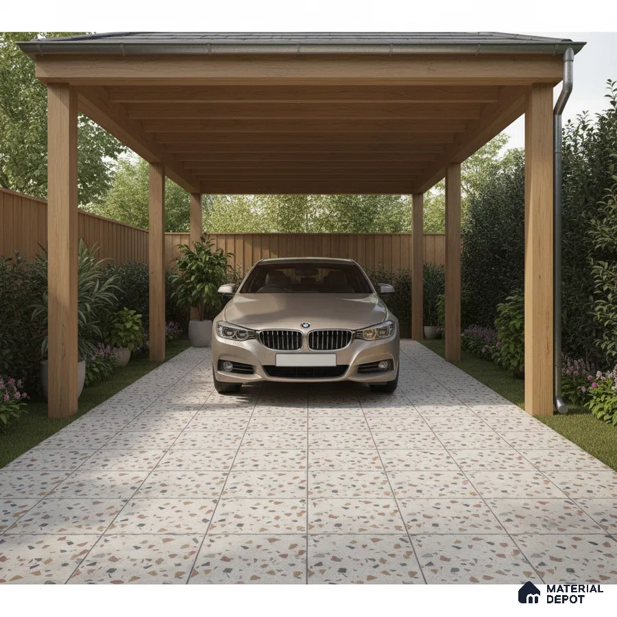 Modern parking with terrazzo floor tiles and wooden pergola structure