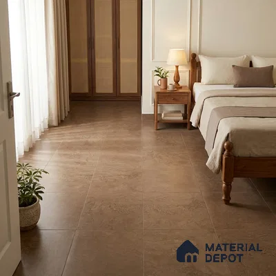 Modern Bedroom with Warm Brown Travertine-Look Floor Tile