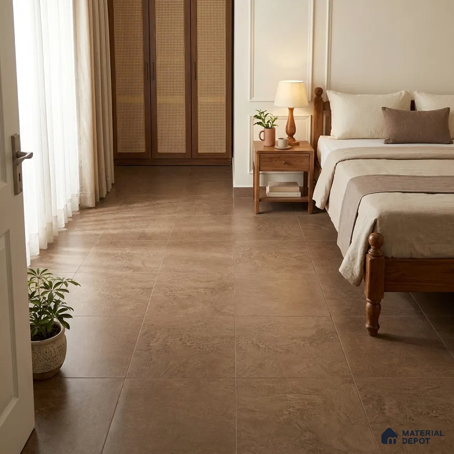 Modern Bedroom with Warm Brown Travertine-Look Floor Tile