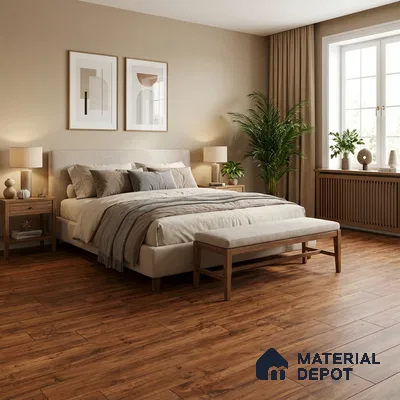 Scandinavian bedroom with natural oak wooden flooring and beige paint