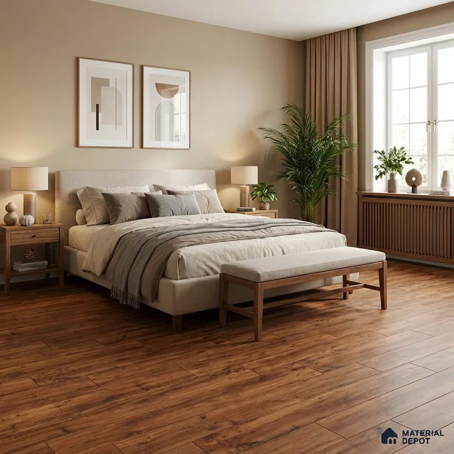Scandinavian bedroom with natural oak wooden flooring and beige paint