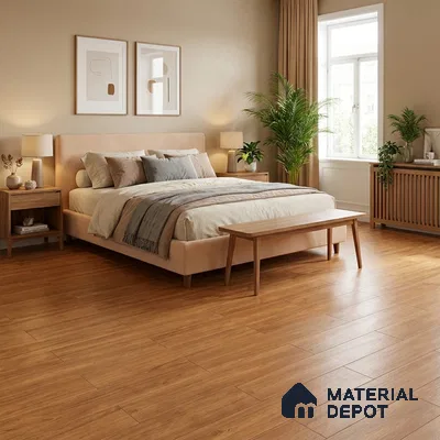 Scandinavian bedroom with natural oak wooden flooring and beige suede upholstered bed