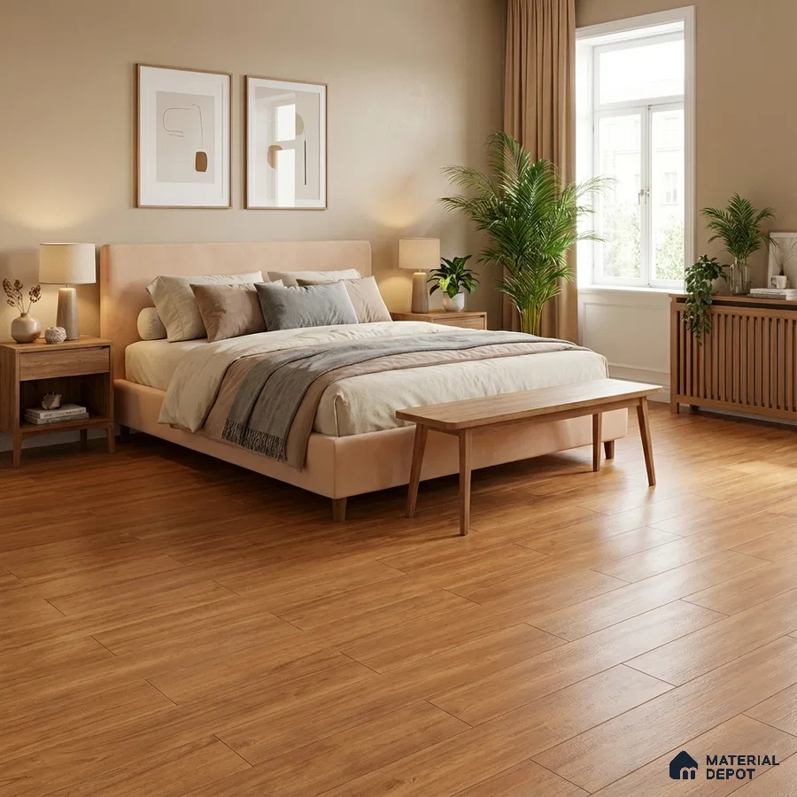 Scandinavian bedroom with natural oak wooden flooring and beige suede upholstered bed