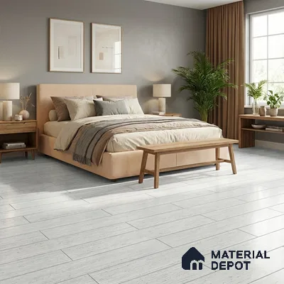 Scandinavian bedroom with beige suede upholstered bed, natural wood furniture, and light grey wood plank floor tile