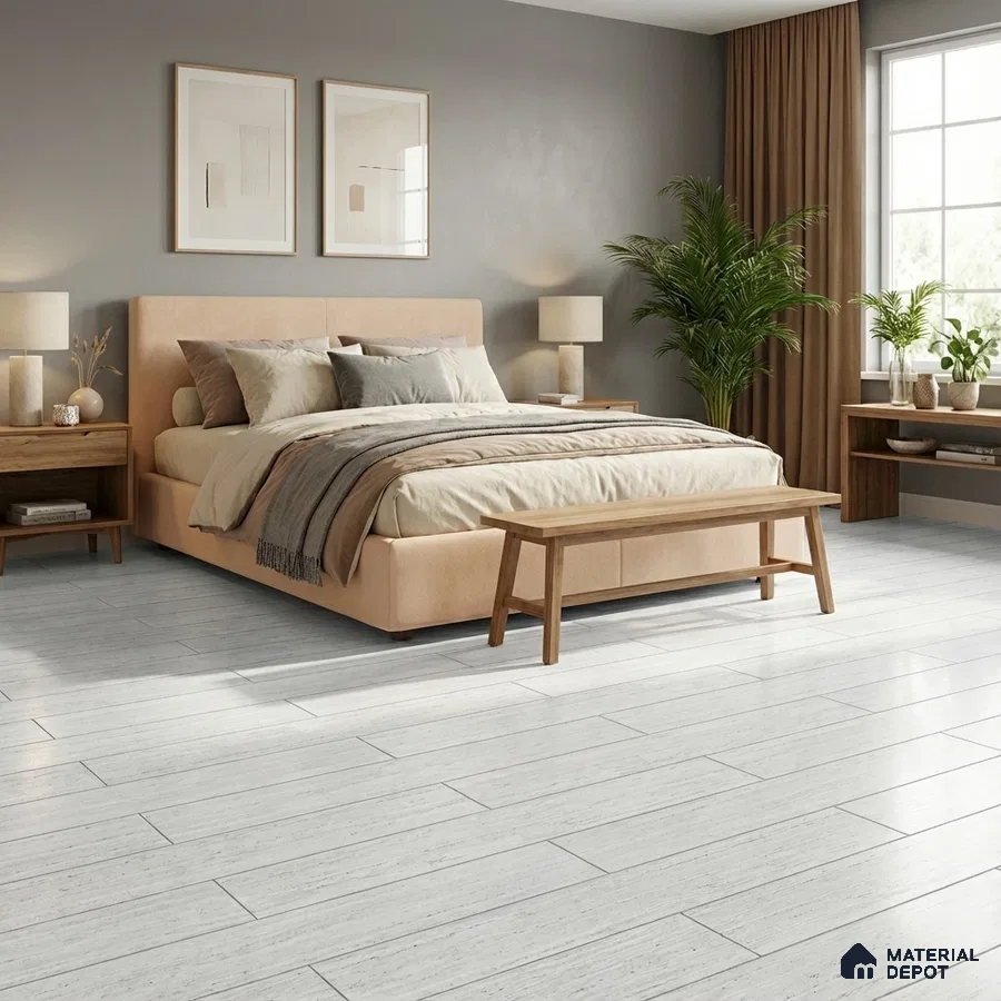 Scandinavian bedroom with beige suede upholstered bed, natural wood furniture, and light grey wood plank floor tile