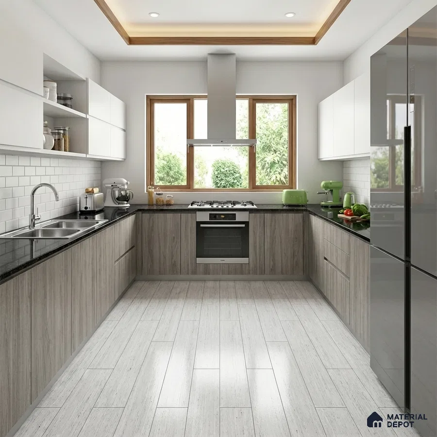 Modern kitchen with grey wood grain laminate, frosty white laminate, black granite countertop, and white subway backsplash tiles